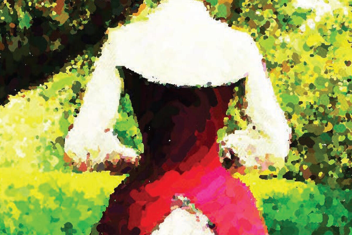 In this drawing in the impressionist style, a woman looks away from the frame; she's wearing a red dress and holding her hands in front of her.